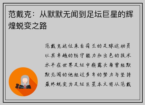 范戴克：从默默无闻到足坛巨星的辉煌蜕变之路