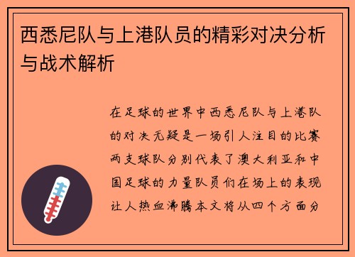 西悉尼队与上港队员的精彩对决分析与战术解析